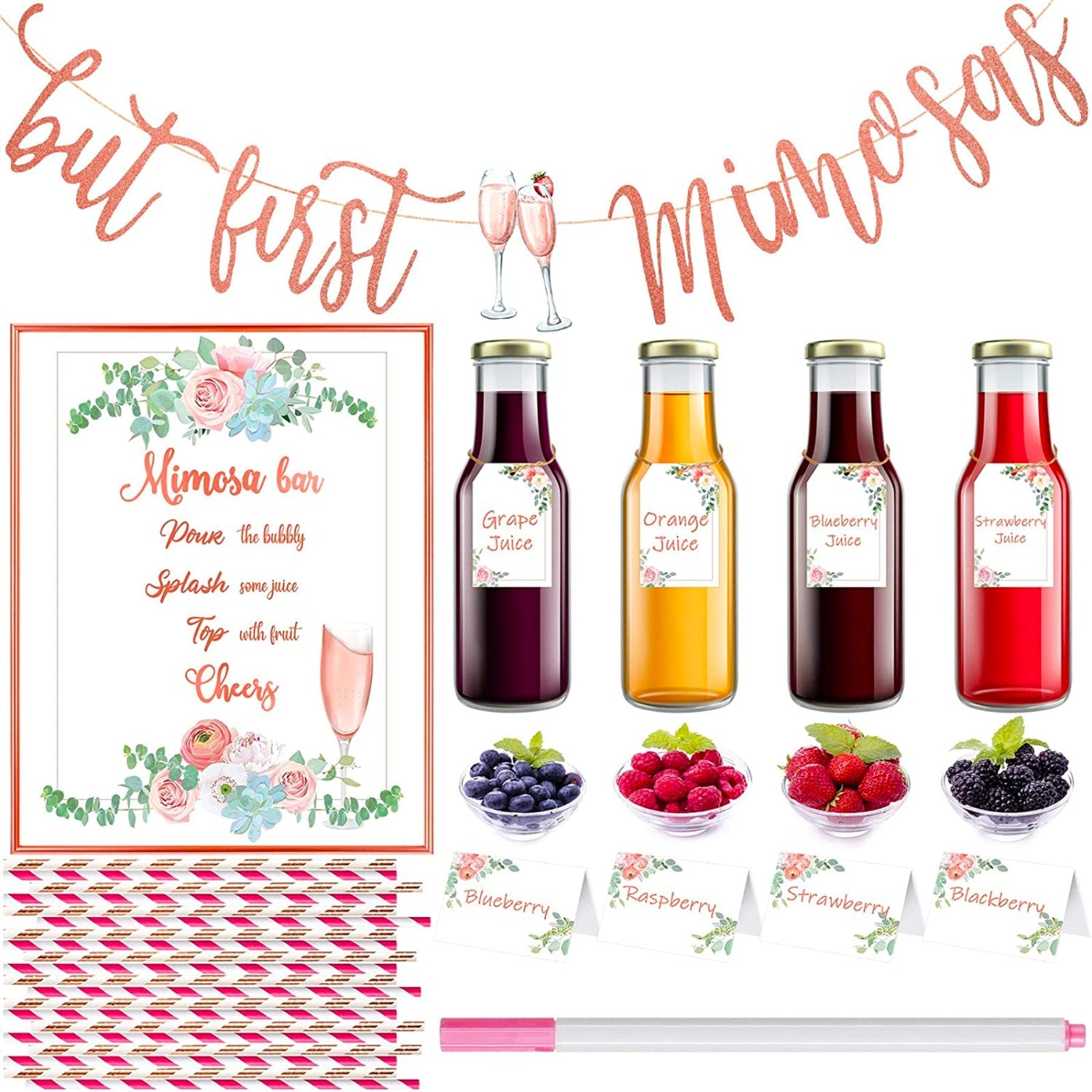 Hand writing on mimosa bar table card with included pink metallic marker