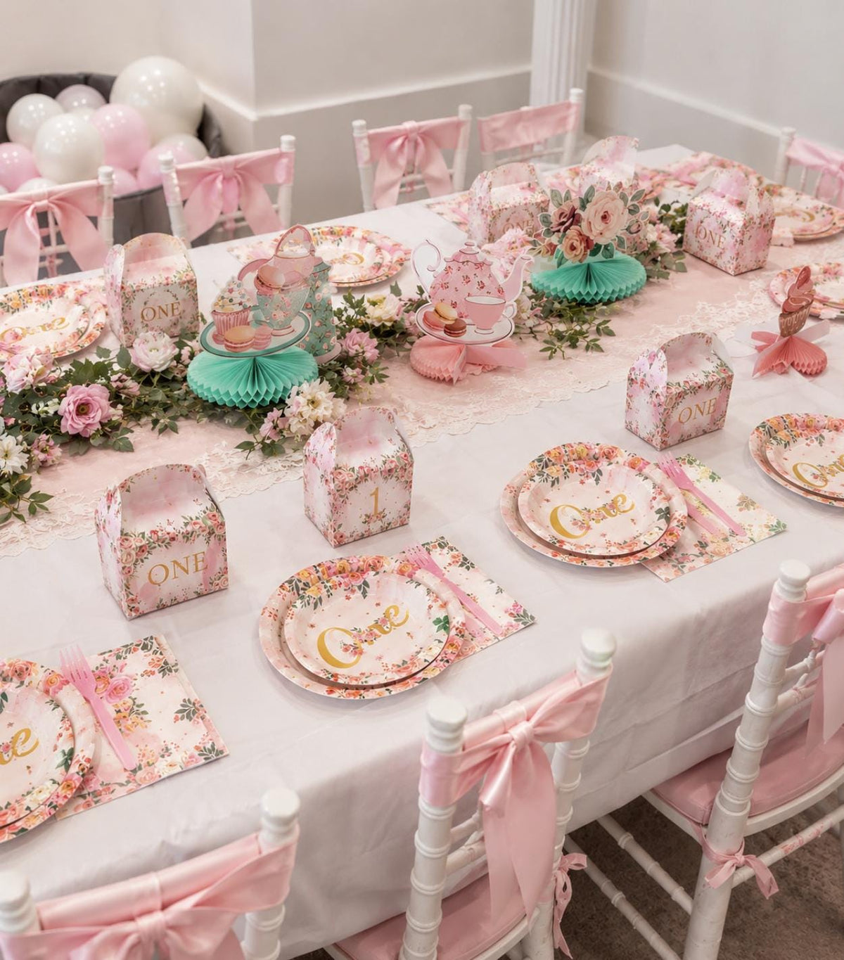 Pink and Gold Baby Girl 1st Birthday Party 24 Set - Complete First Birthday Party Decor - Pretty Party Boxx