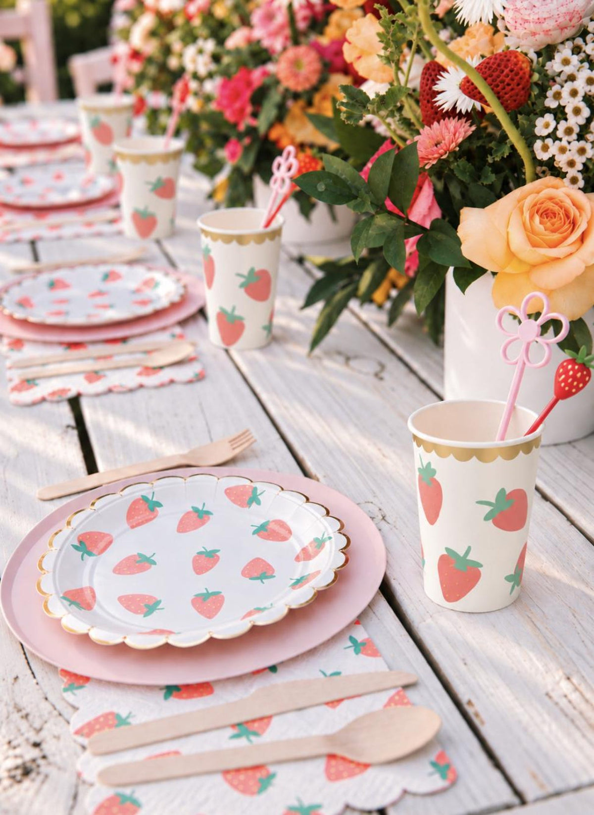 Pink strawberry party tableware kit for girls birthdays, picnics, and themed celebrations 