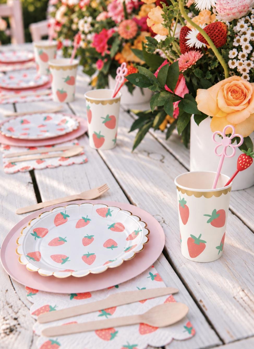 Pink strawberry party tableware kit for girls birthdays, picnics, and themed celebrations 