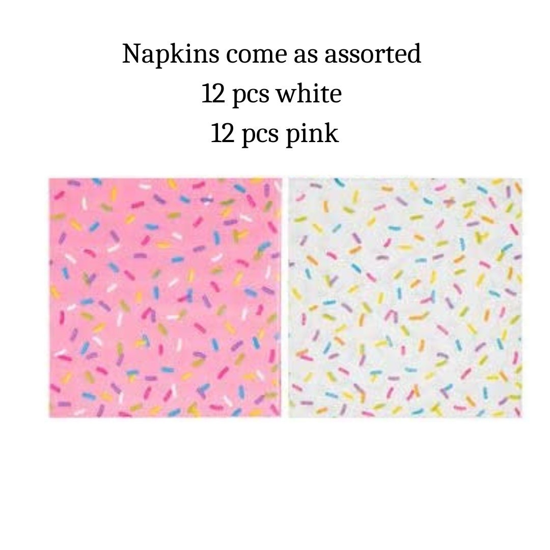 Two napkin designs in pink and white with colorful sprinkle prints