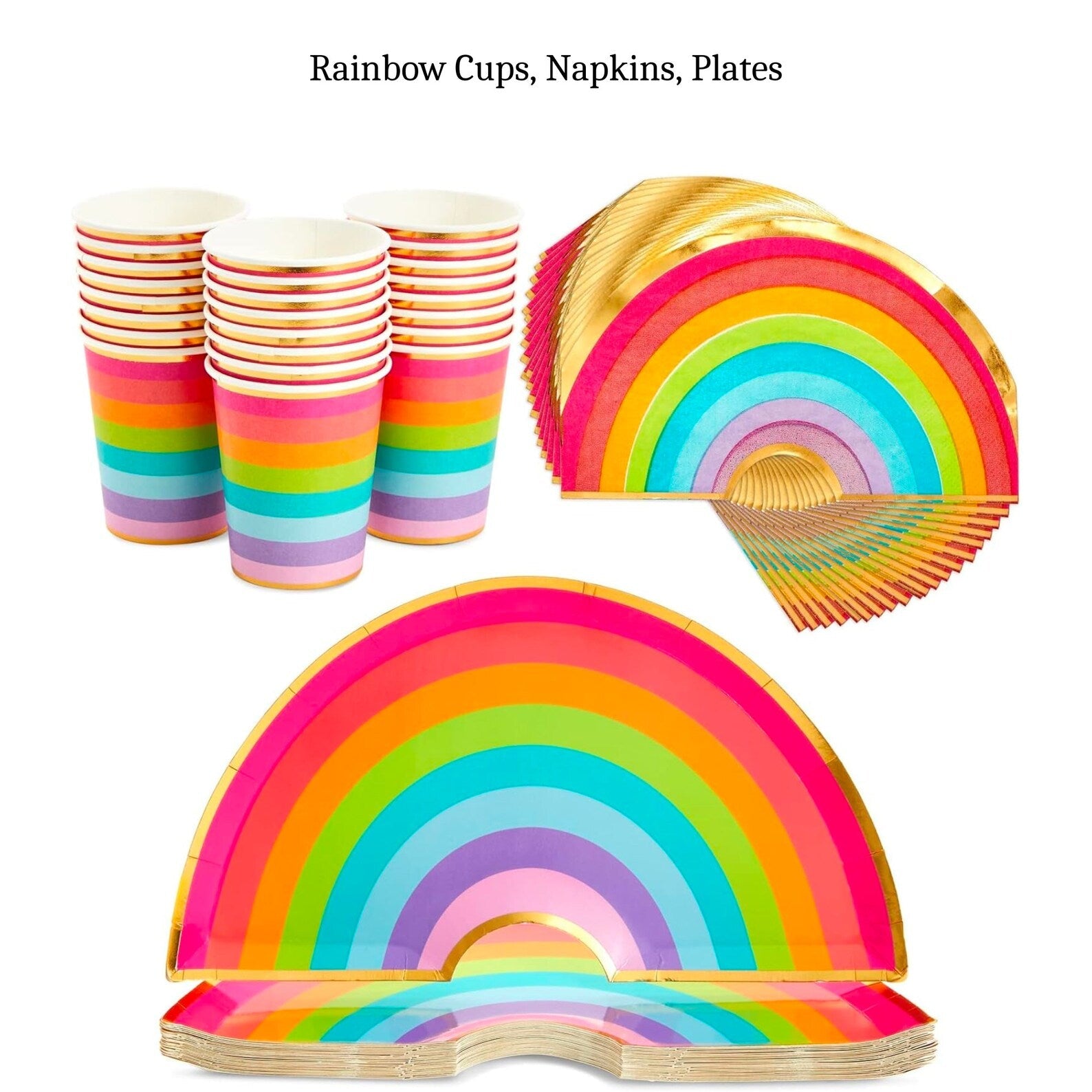 Rainbow cups, napkins, and plates arranged together as pastel rainbow party supplies