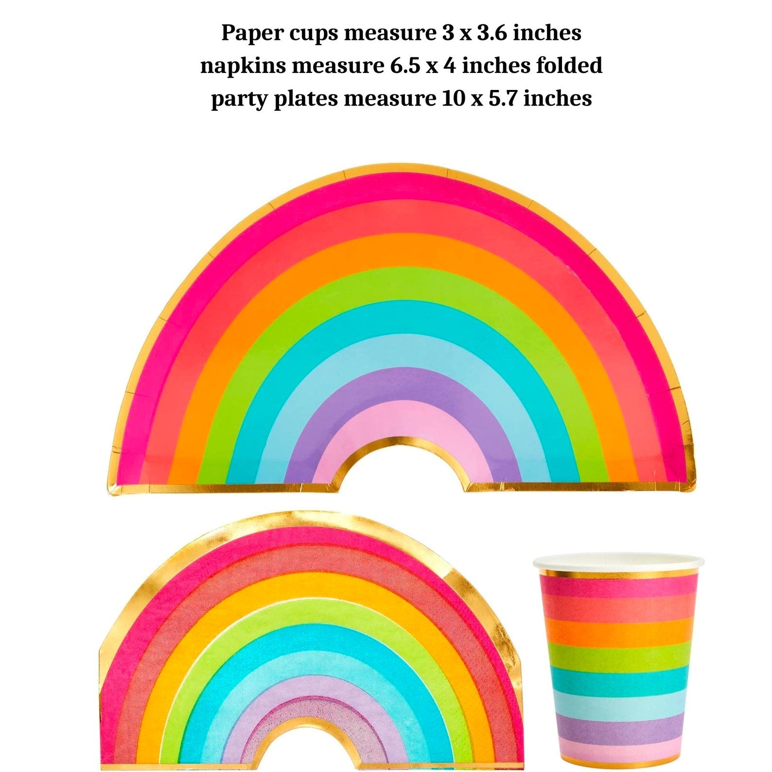 Close-up of rainbow paper plate, pastel napkin, and cup with measurements