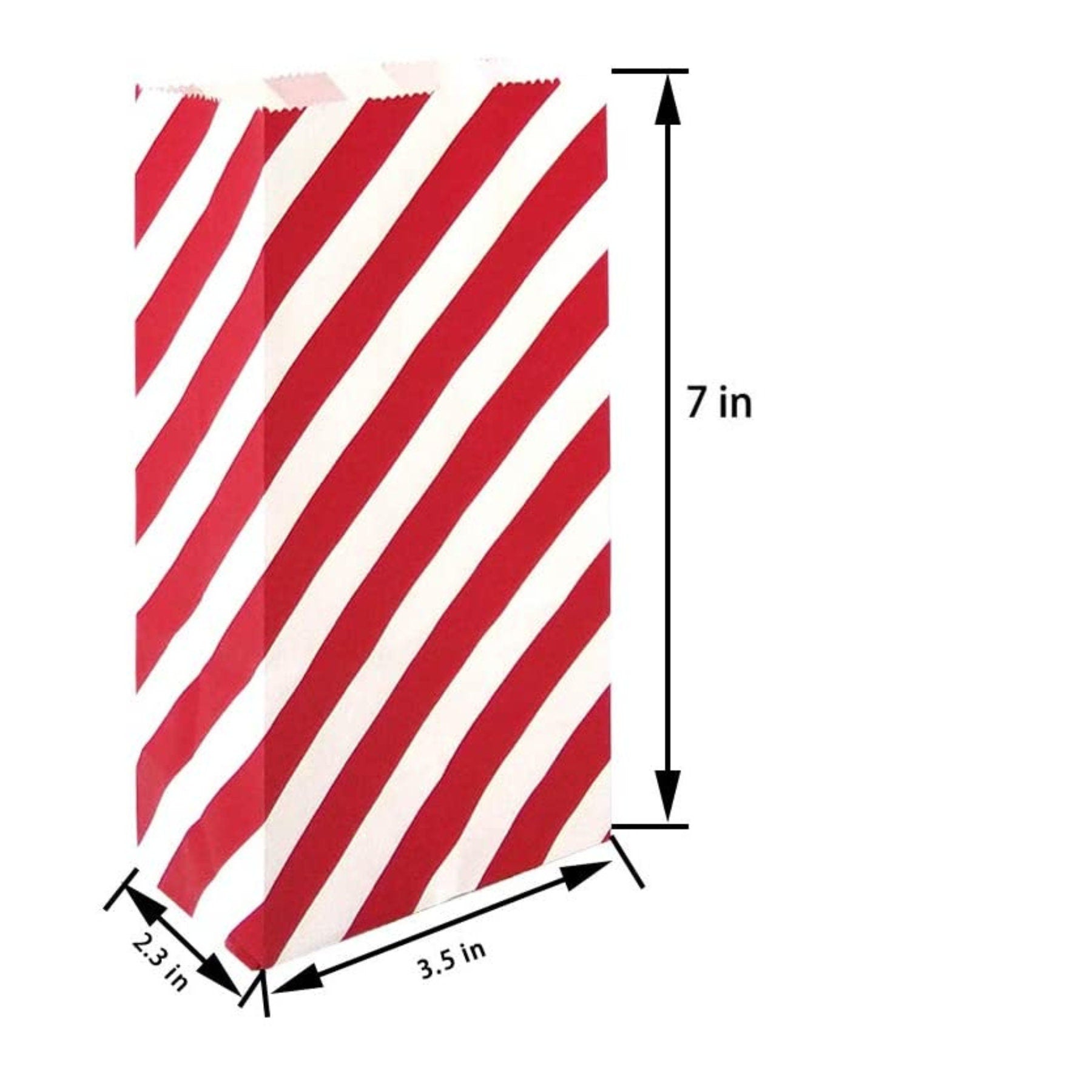 Red striped paper treat bag with size dimensions (3.5 x 2.3 x 7 in)