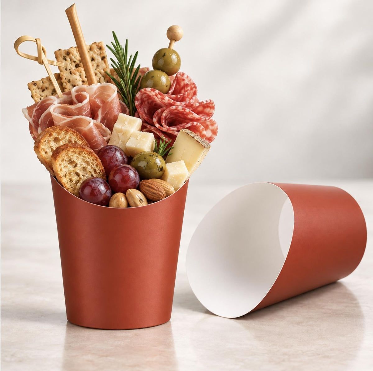 Red Charcuterie Cups with Gold Fancy Toothpicks – 25 - Piece Appetizer & Grazing Cups for Weddings, Parties & Events