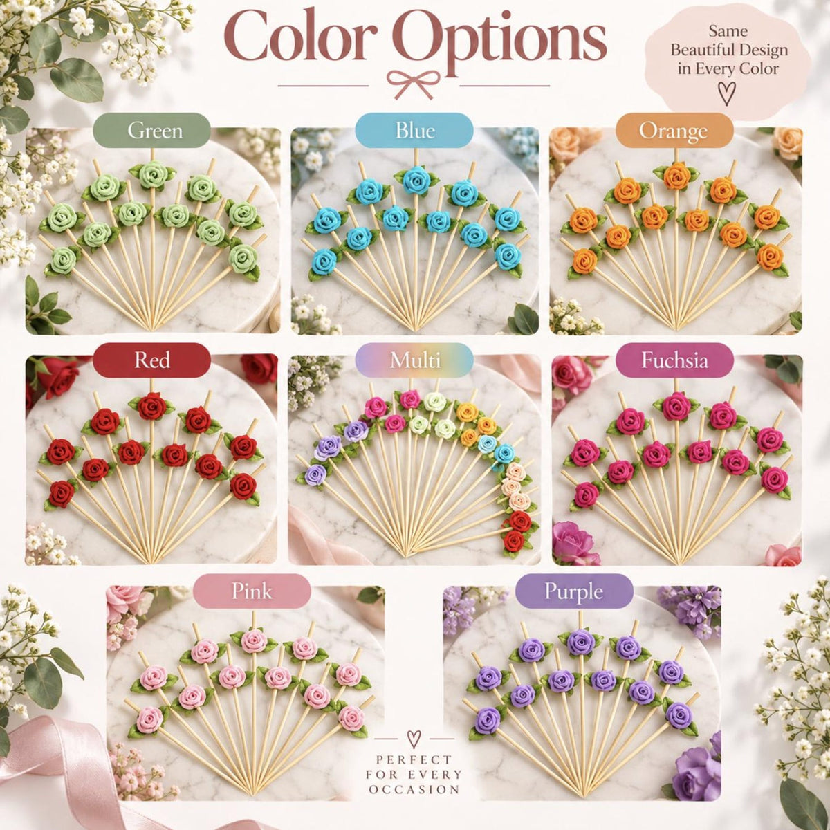 Set of 20 Rose Charcuterie Toothpicks – Floral Appetizer & Dessert Picks for Weddings & Parties - Pretty Party Boxx