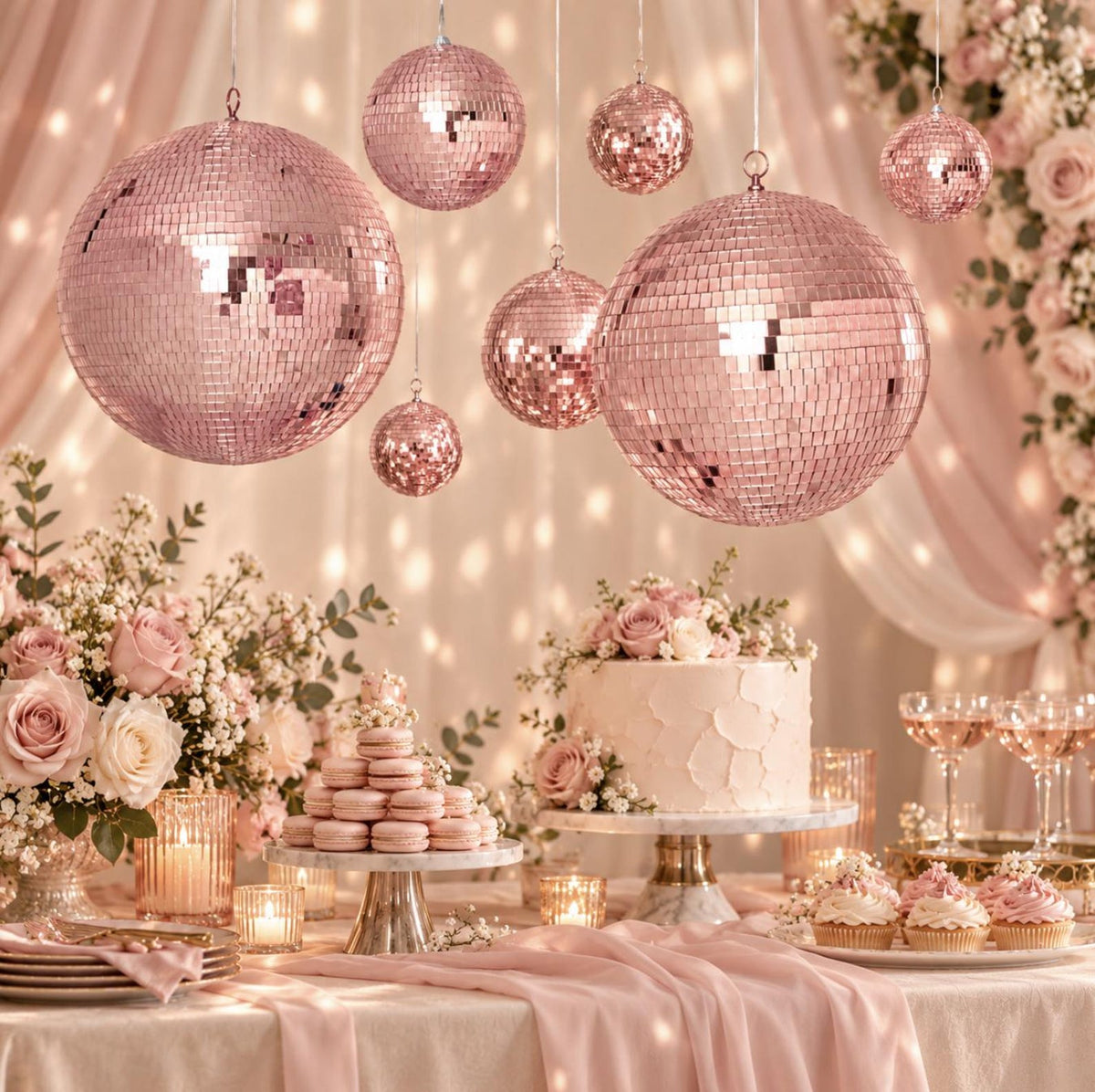 Rose Gold Disco Balls – Hanging Mirror Disco Party Decorations in Assorted Sizes - Pretty Party Boxx