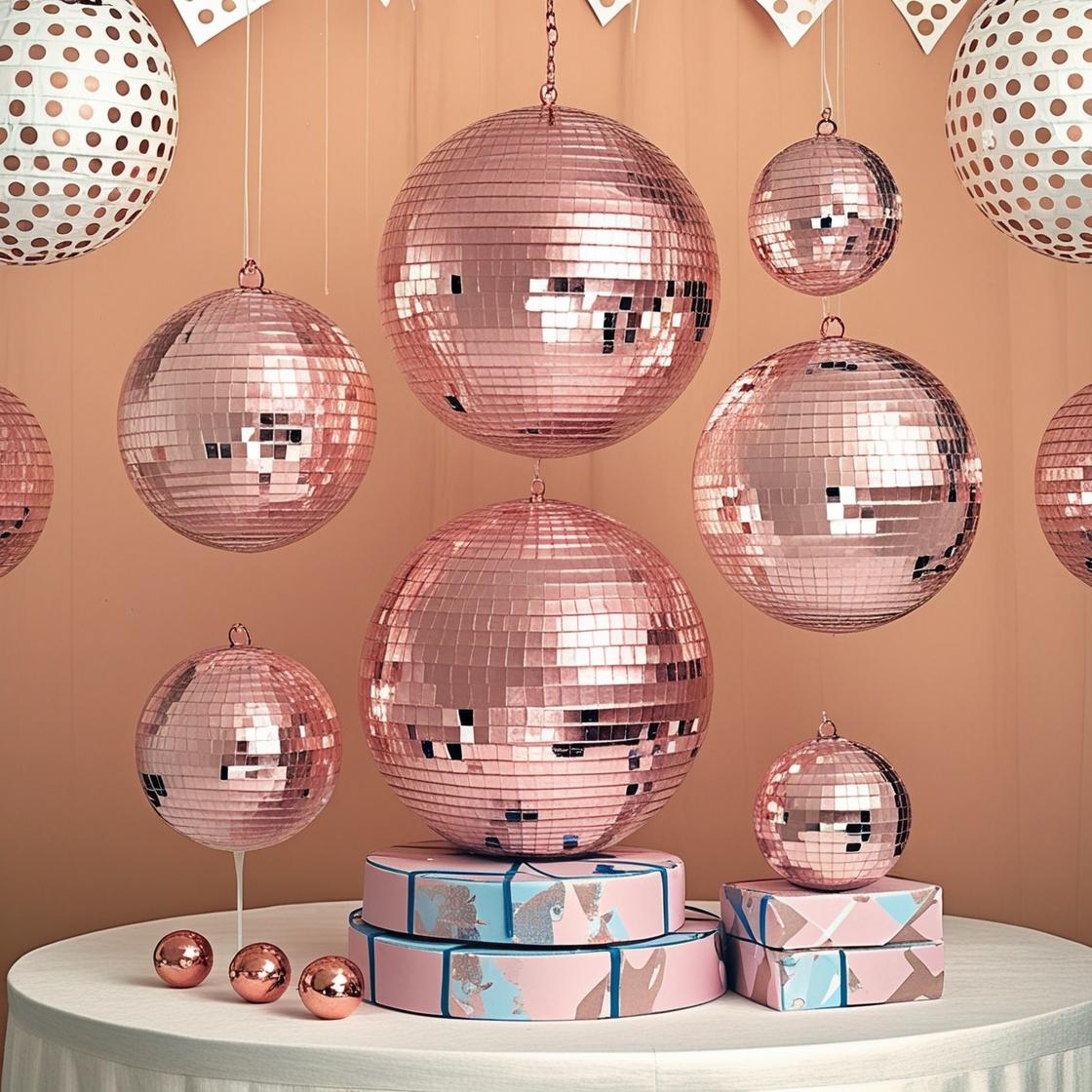 Assorted rose gold mirror disco balls in multiple sizes for party and wedding decorations, reflecting light for a sparkling effect.