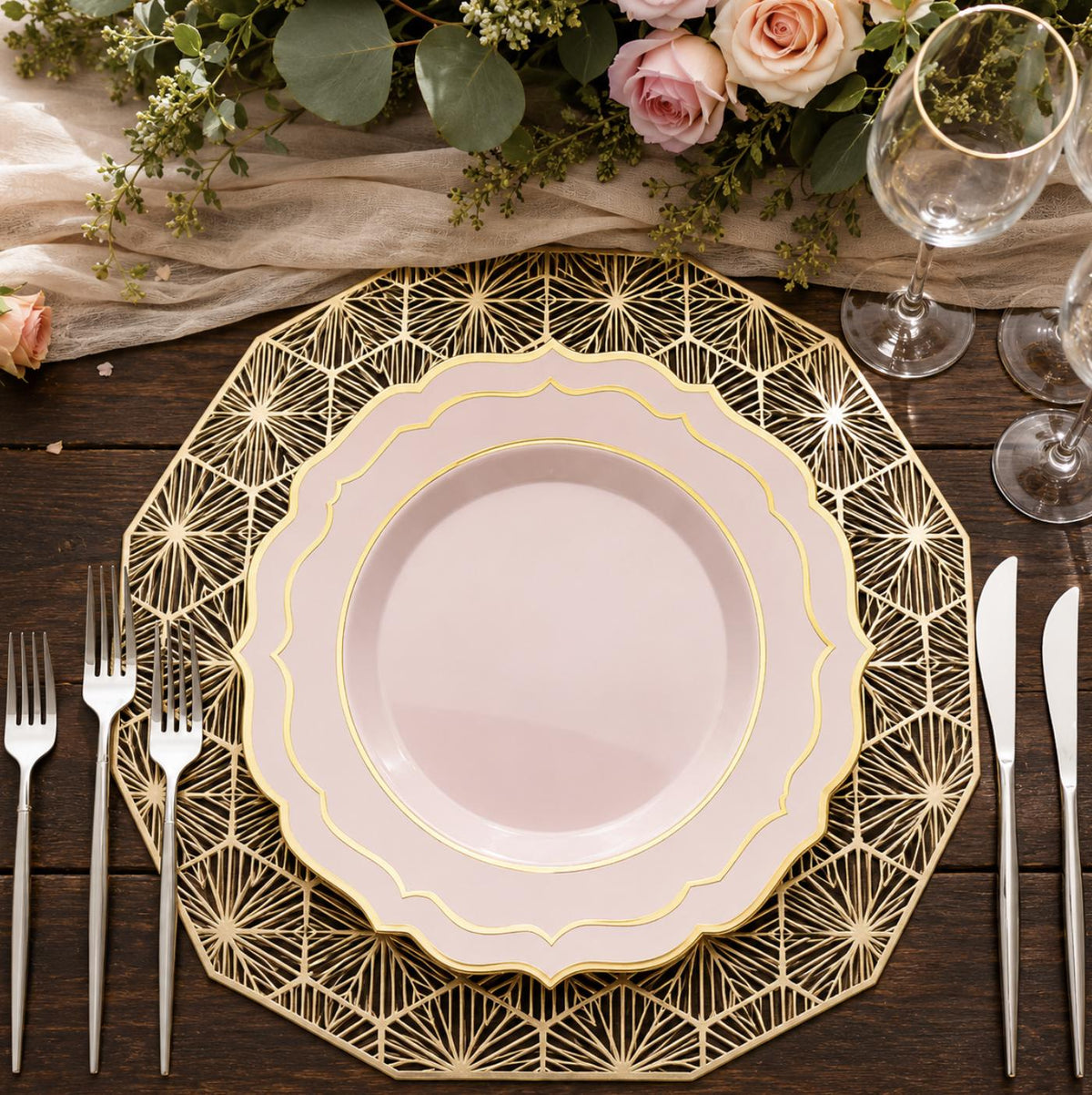 Round Dessert Plates in Blush with Gold Scalloped Rim Fancy Plates Dinner Party
