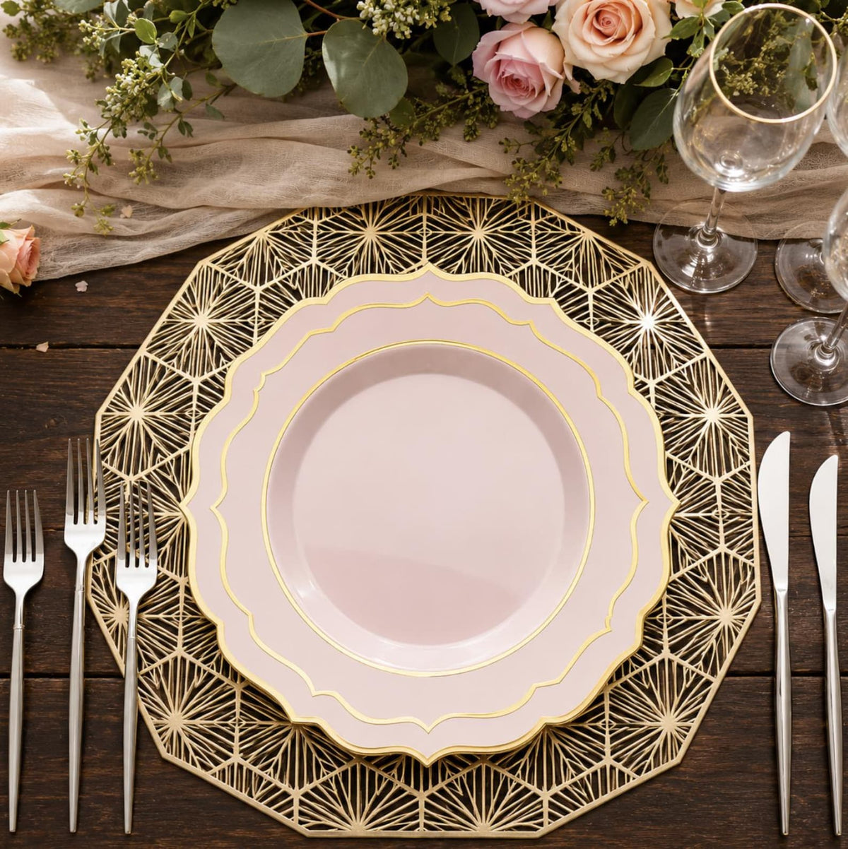 Round Dessert Plates in Blush with Gold Scalloped Rim Fancy Plates Dinner Party