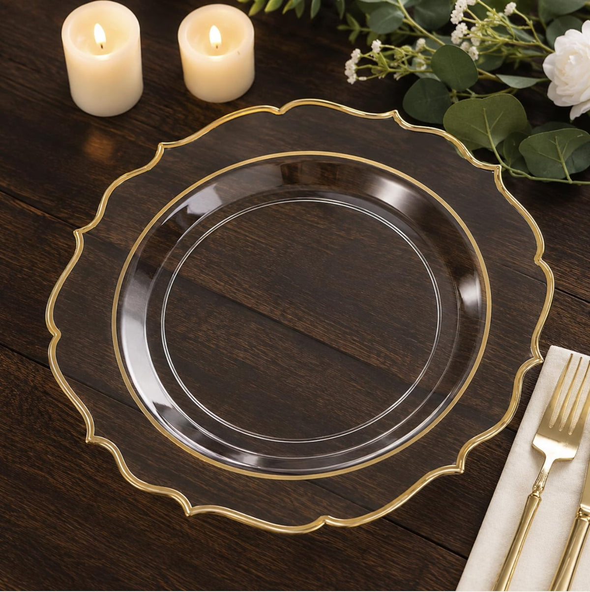 Round Dessert Plates in clear with Gold Scalloped Rim Fancy Plates 
