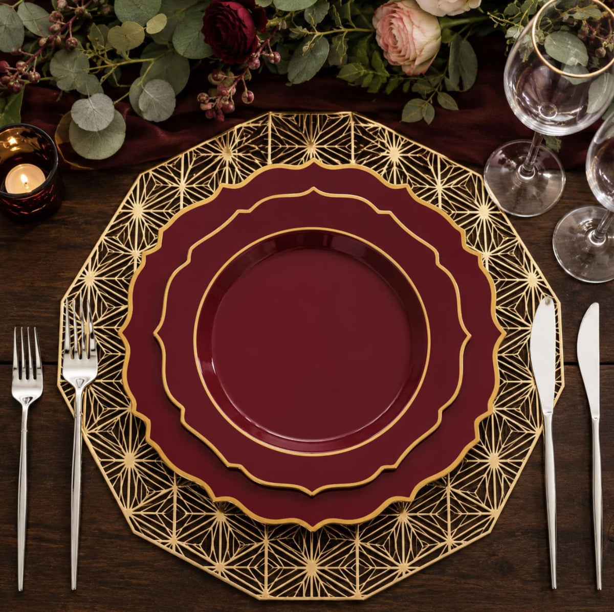 Round Dessert Plates in Blush with Gold Scalloped Rim 