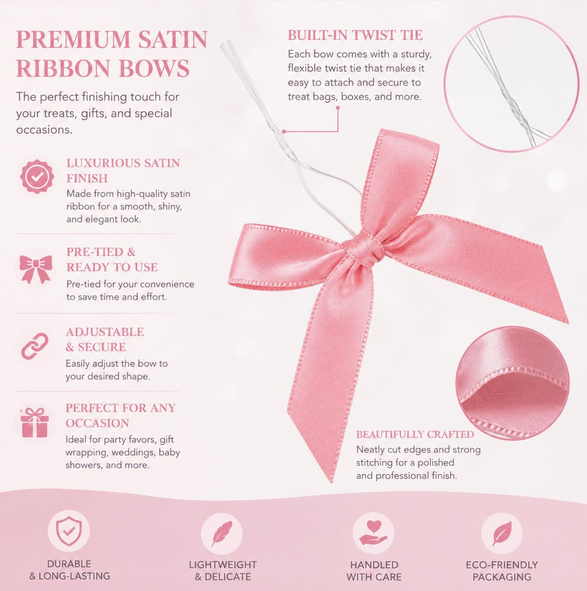 Satin Ribbon Twist Tie Bow – Reusable Gift Bag Bows for Party Favors, Decor & Crafts. - Pretty Party Boxx