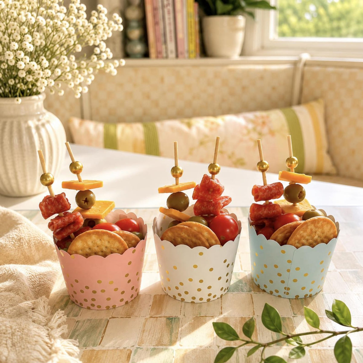 Scalloped Charcuterie Cups with Fancy Gold Toothpicks – 25 Pack Disposable Appetizer & Dessert Cups for Grazing Tables
