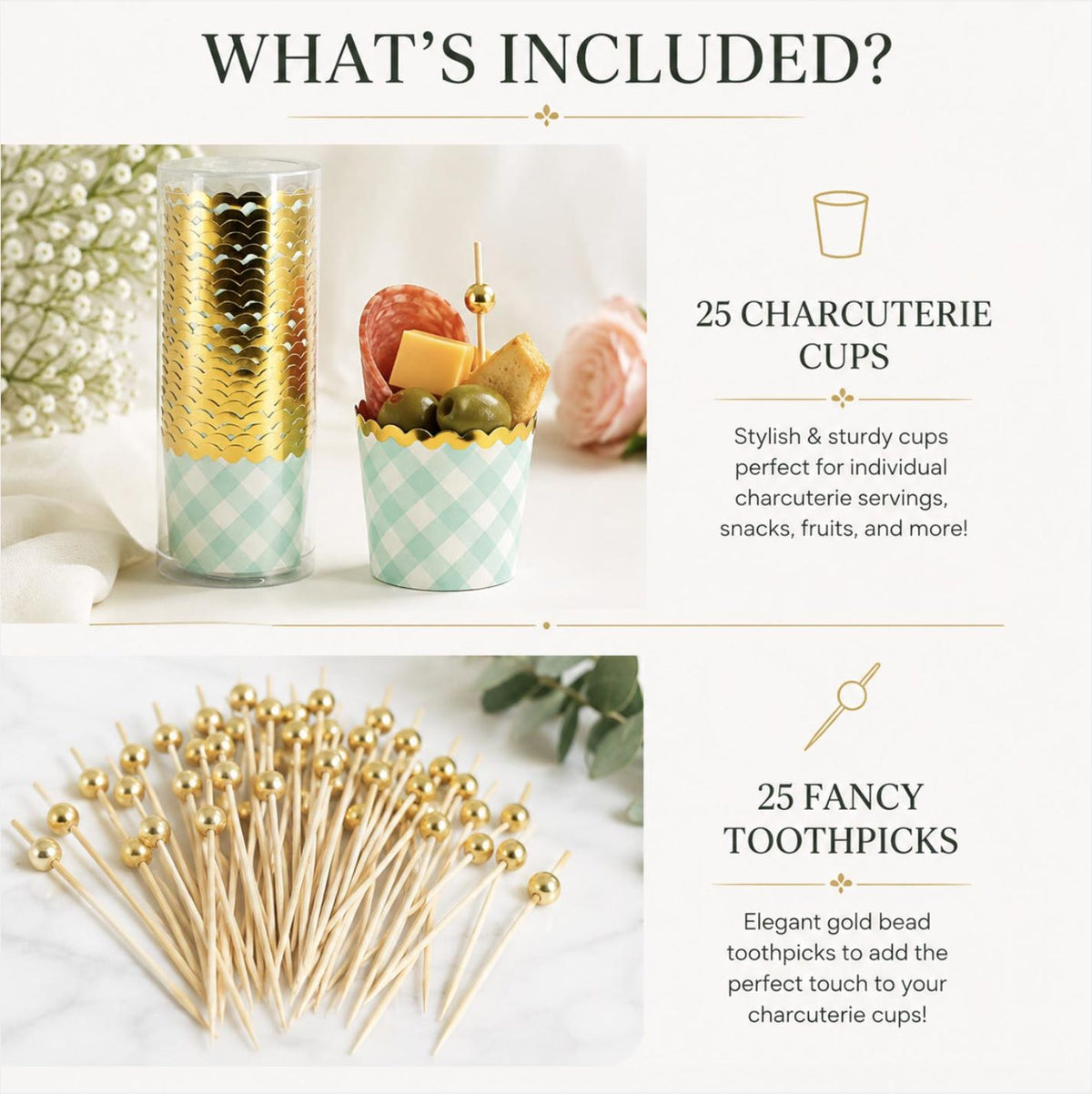 Scalloped Charcuterie Cups with Fancy Gold Toothpicks – 25 Pack Disposable Appetizer & Dessert Cups for Grazing Tables