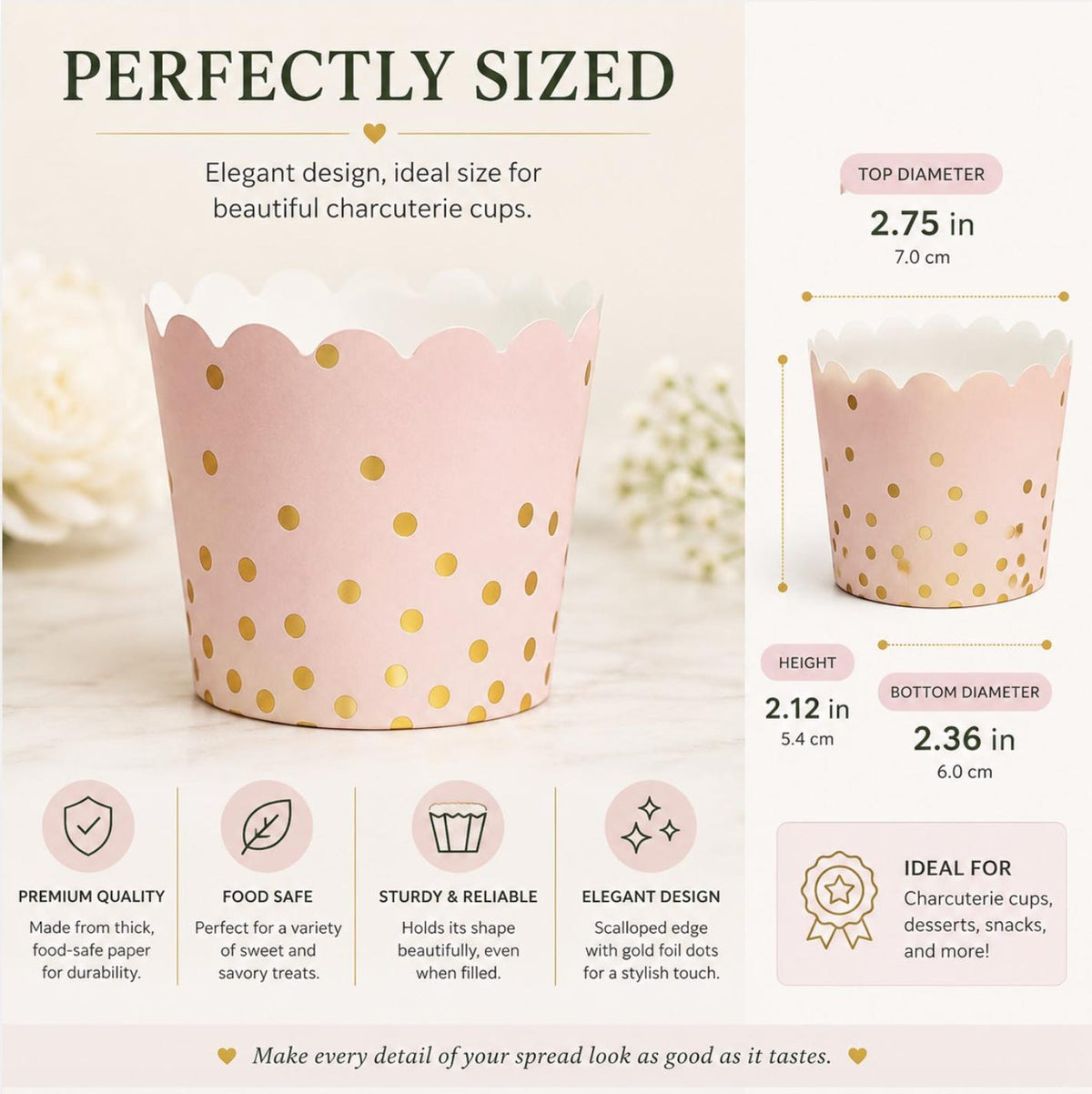 Scalloped Charcuterie Cups with Fancy Gold Toothpicks – 25 Pack Disposable Appetizer & Dessert Cups for Grazing Tables