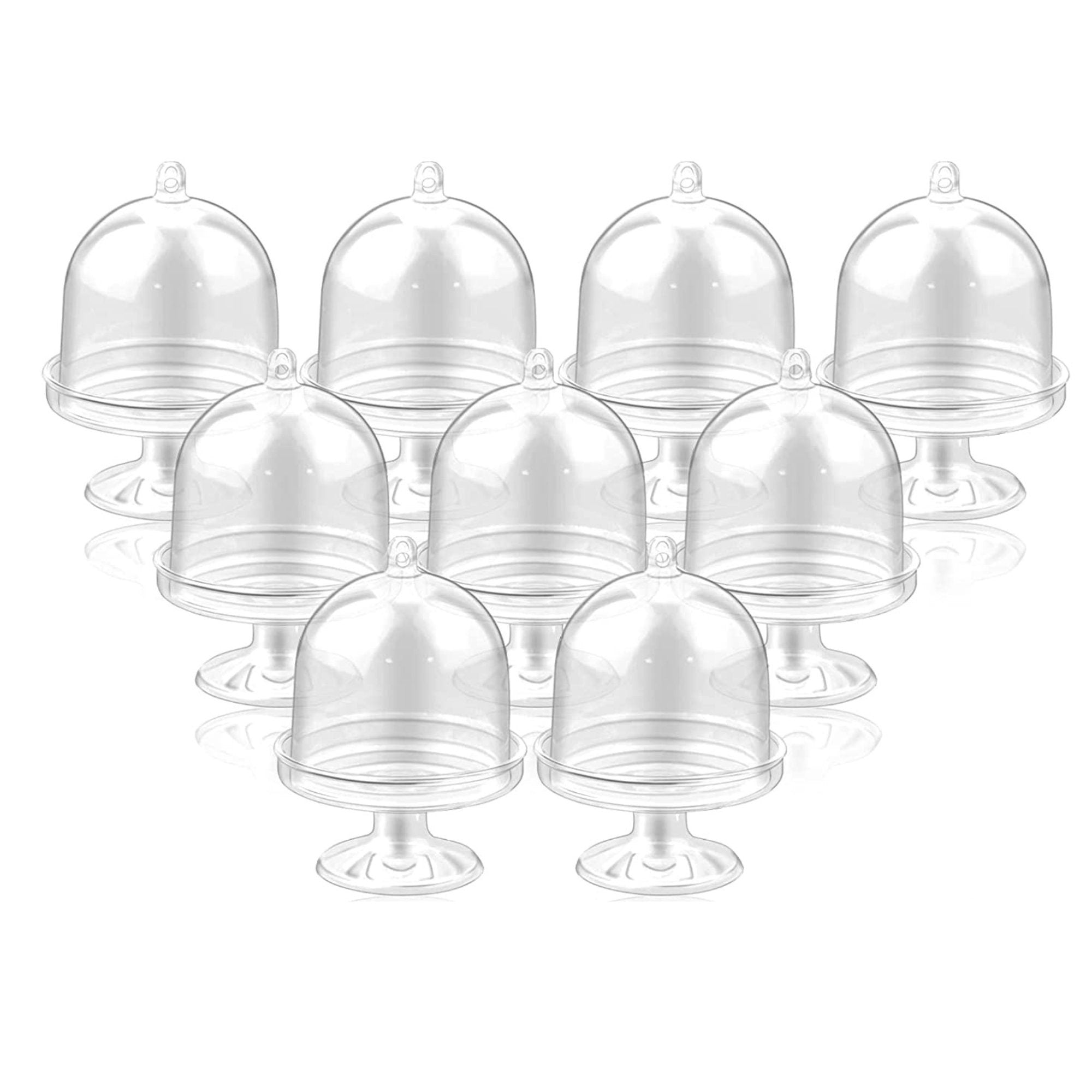Set of 12 reusable plastic mini cake domes shown together
