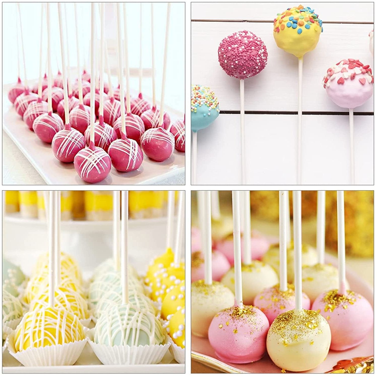 Side view of 3 tier wooden cake pop stand on a dessert table.
