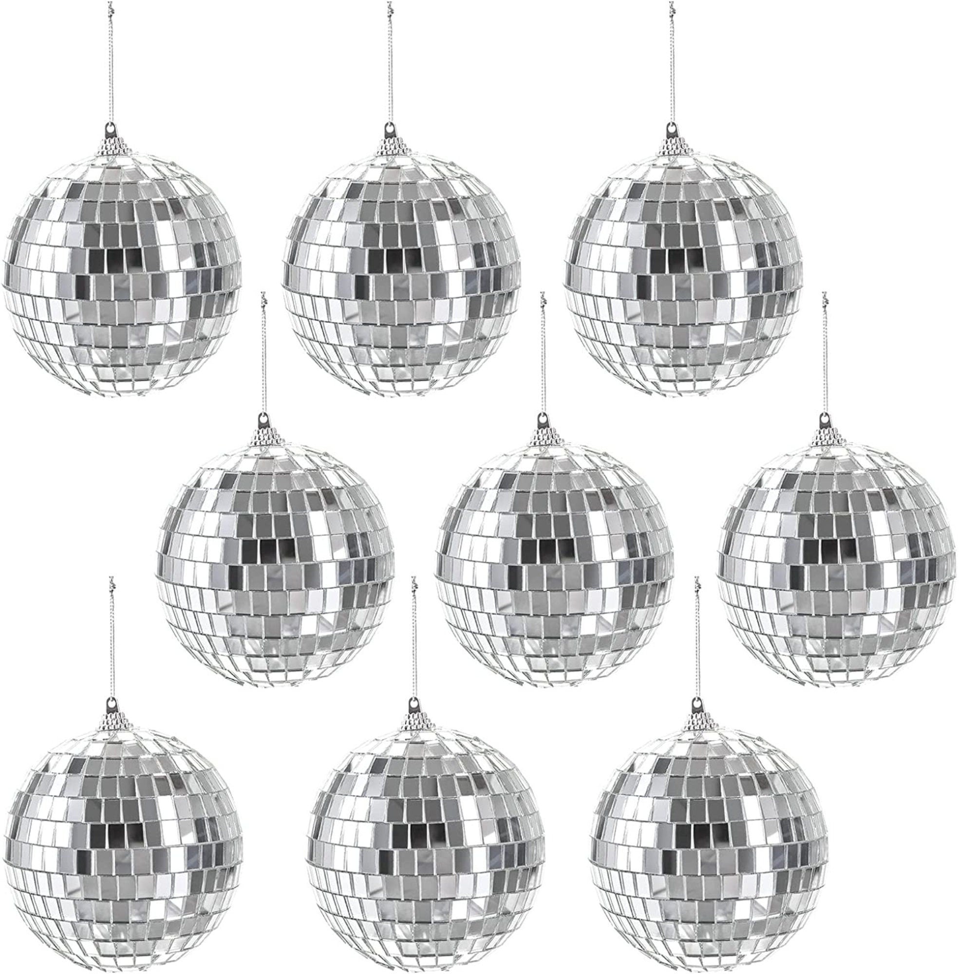 Hanging silver disco balls in assorted sizes for party decorations