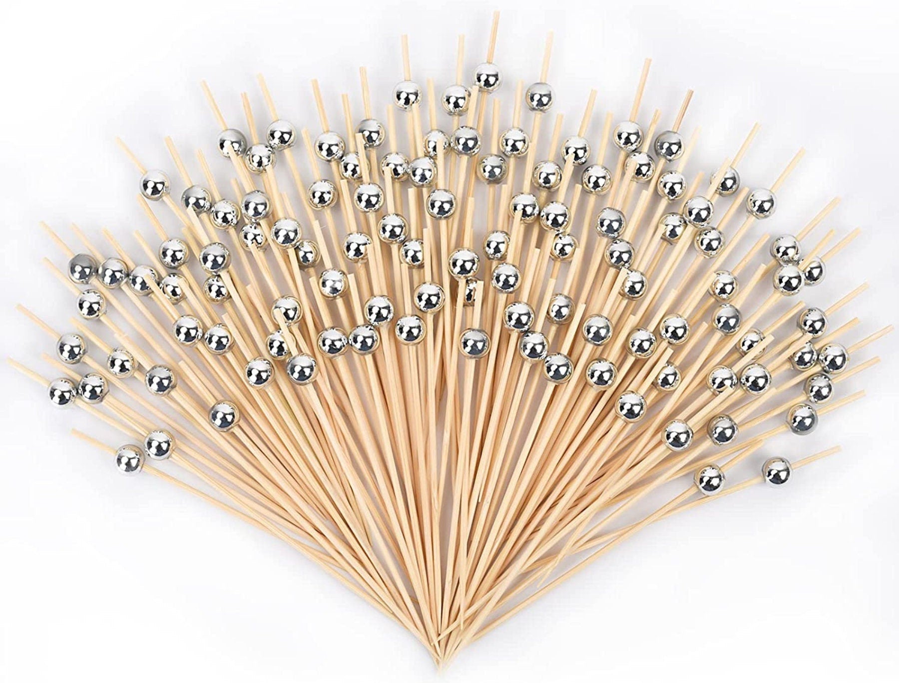 Silver charcuterie toothpicks fanned display showing elegant metallic finish