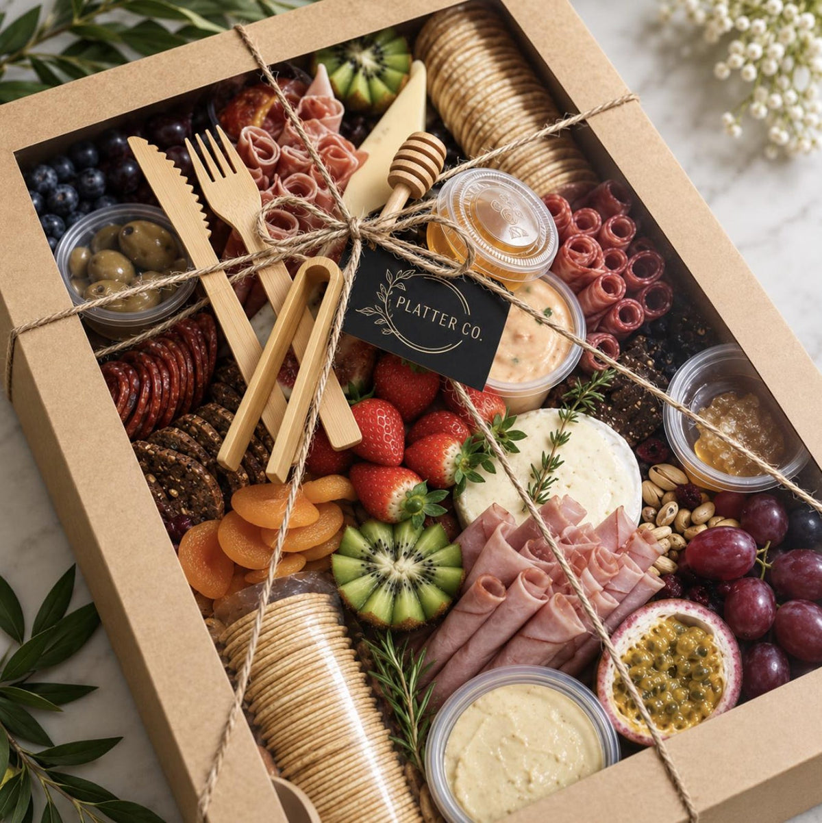 Square Charcuterie Favor Boxes with Clear Lids – 20 Pack with Mini Utensils (6x6x3”) - Pretty Party Boxx