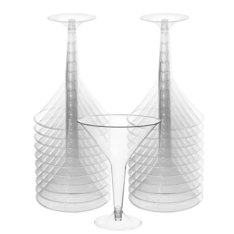 Durable clear acrylic martini cups stacked together, easy to assemble