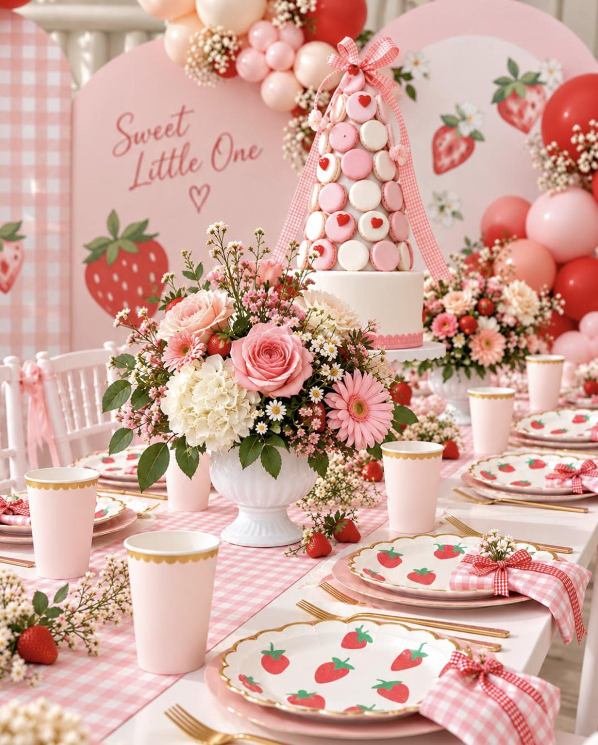 Strawberry themed birthday party set with disposable plates, cups, napkins, and mini utensils