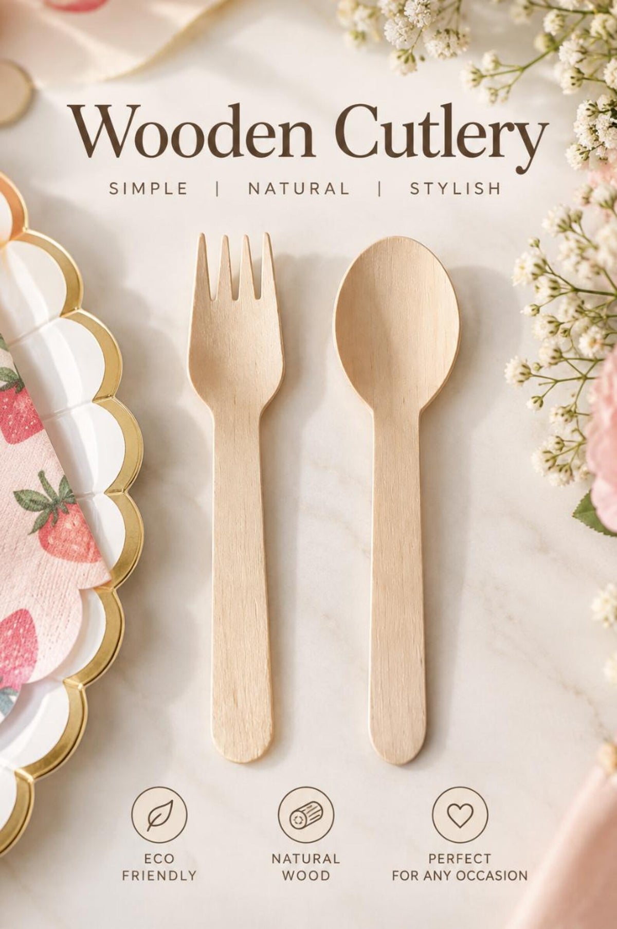 Disposable strawberry party supplies including matching plates, cups, napkins, forks, and spoons