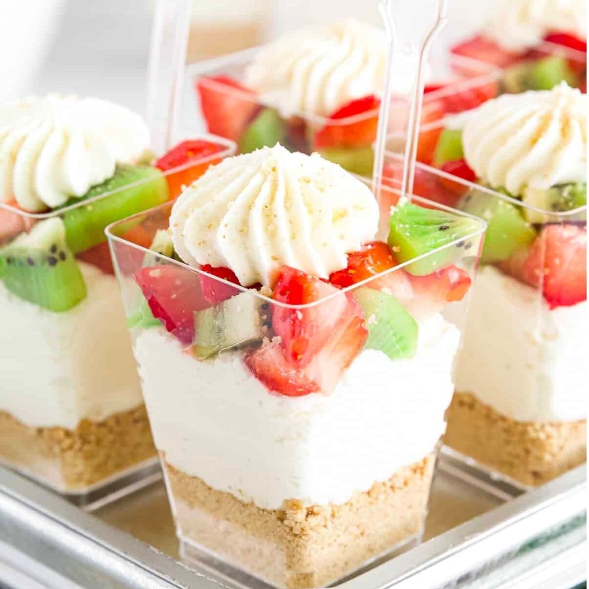 Layered strawberry parfait in 5oz clear acrylic cup with lid