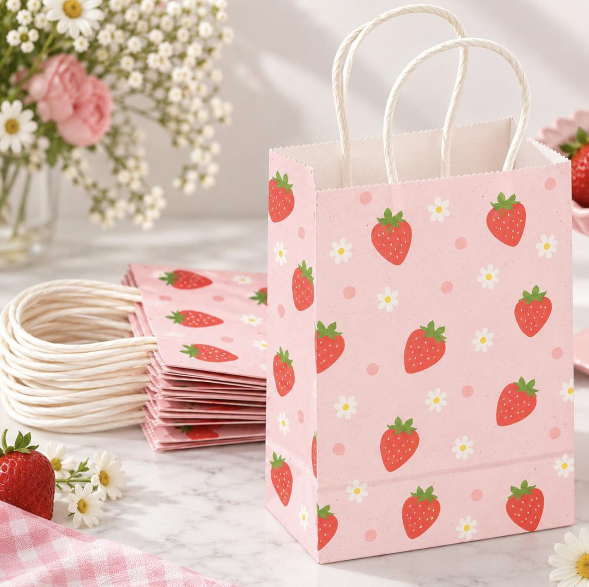 Strawberry picnic party tableware with plates, cups, napkins, and mini wooden utensils for kids events