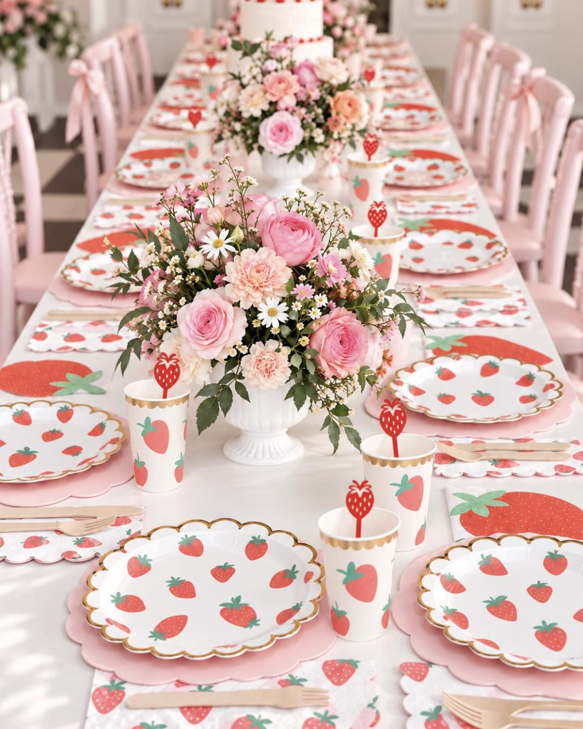 Strawberry shortcake party tableware set with plates, cups, napkins, forks, and spoons for kids birthdays