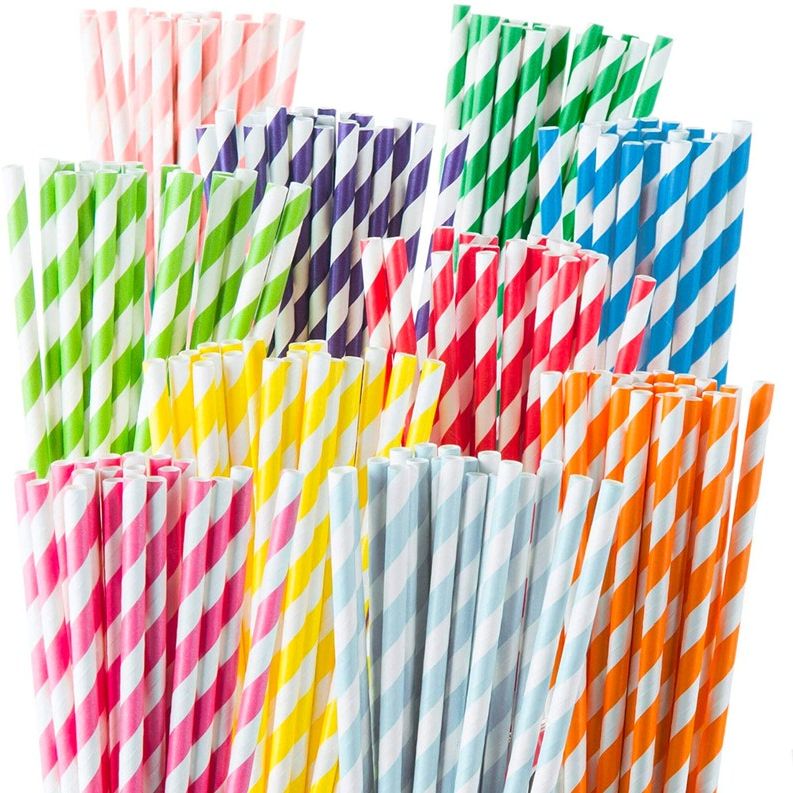 Assorted striped paper straws in multiple colors for dessert cups