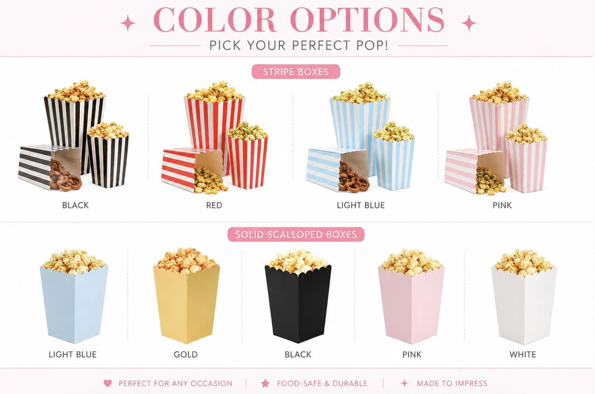 Striped Popcorn Cups - Set of 12 Mini Popcorn Boxes for Parties & Events - Pretty Party Boxx
