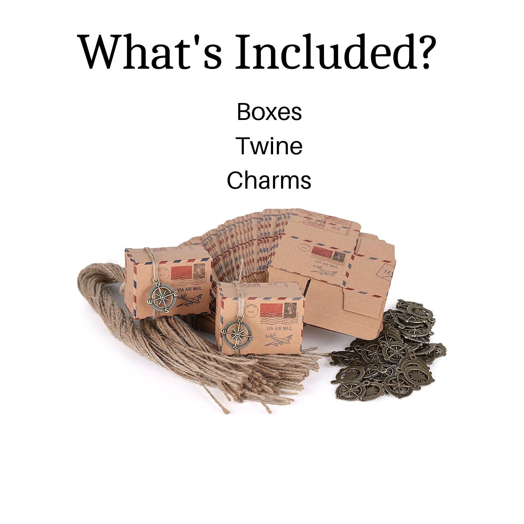 What’s included: mini suitcase boxes, twine, and compass charms.