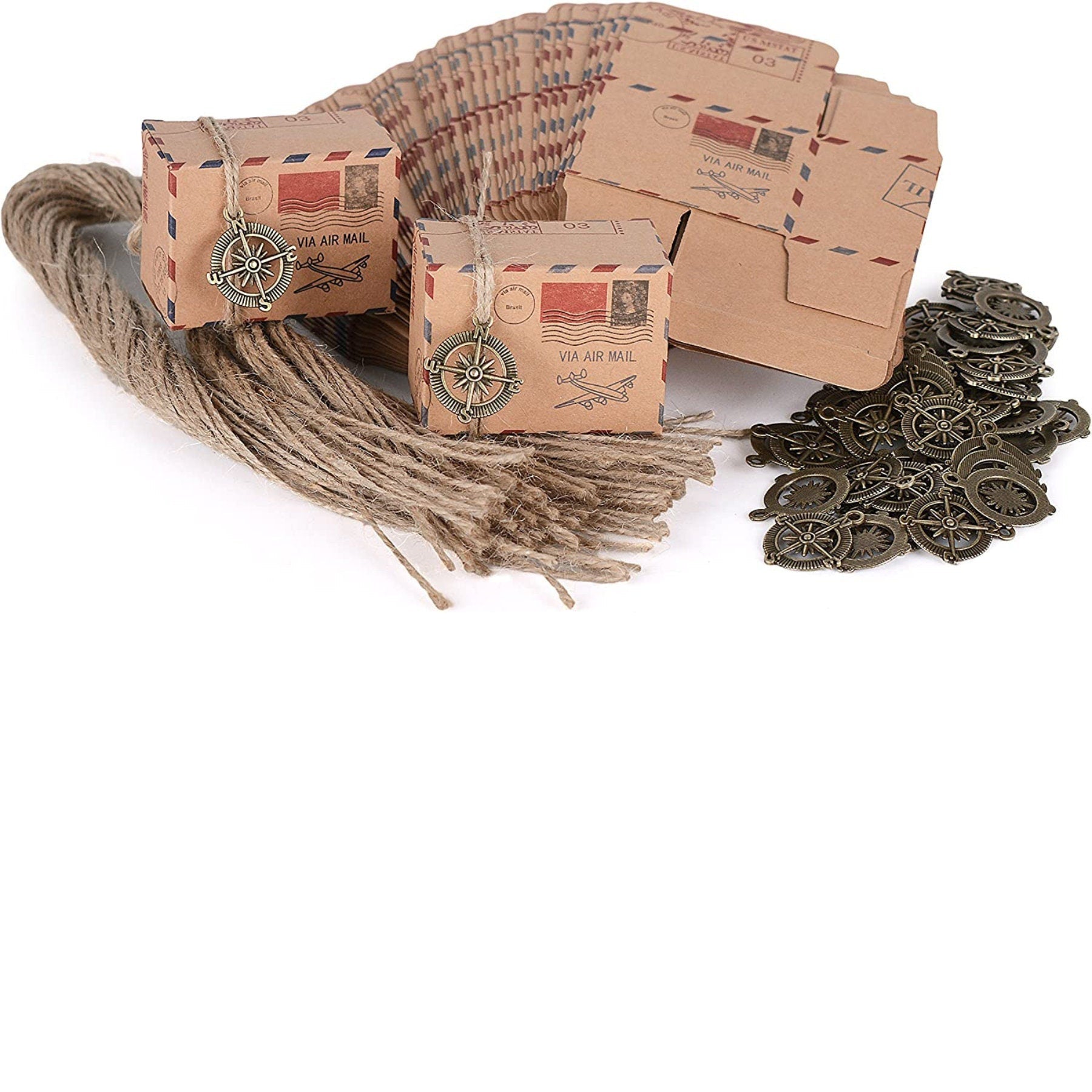 Complete set: mini suitcase boxes, twine, and compass charms.