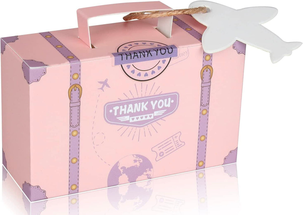 Mini Travel Suitcase Favor Boxes with Compass Charm & Twine – Vintage Party Favor Boxes for Travel Themed Events