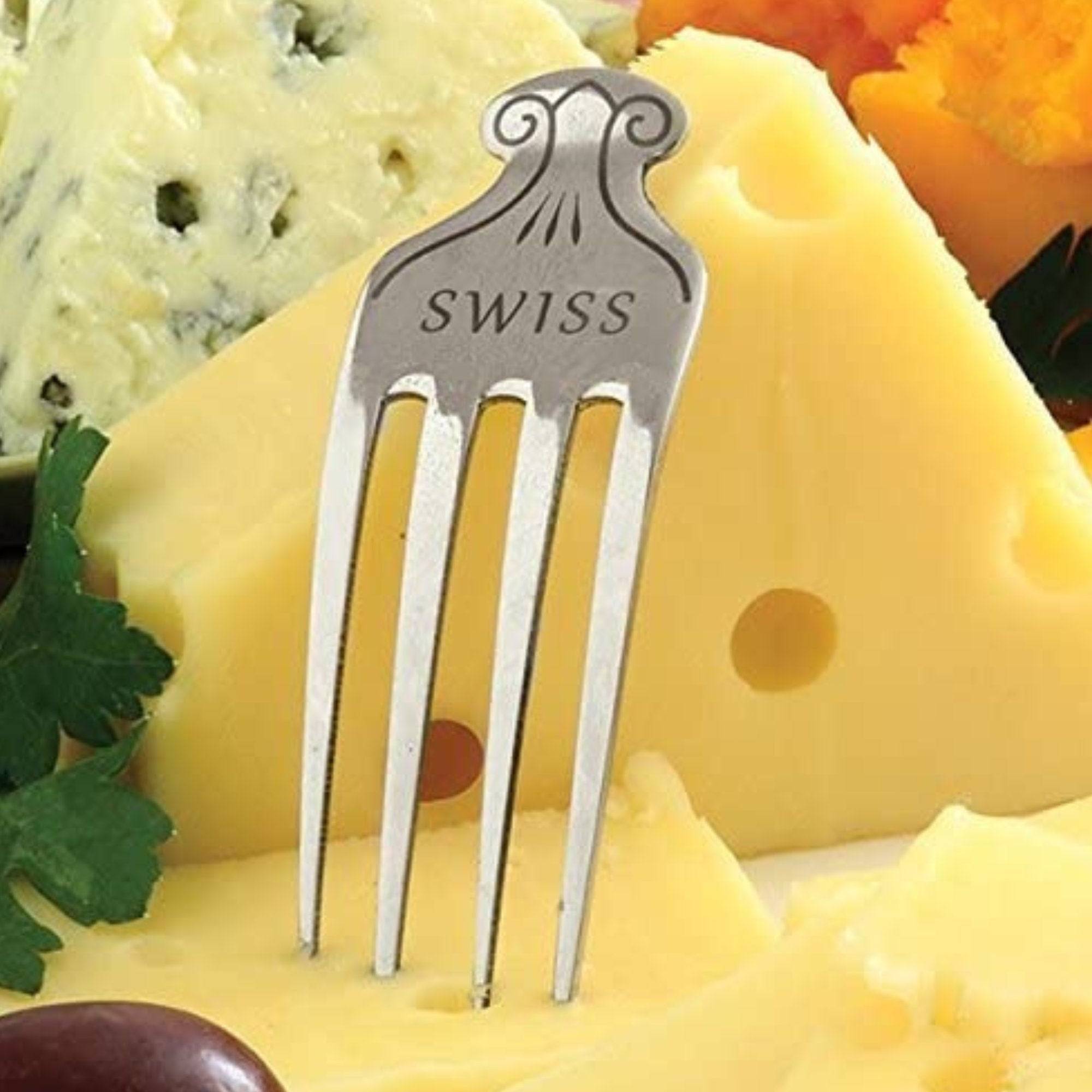 SWISS stainless steel cheese fork marker on a wedge of Swiss