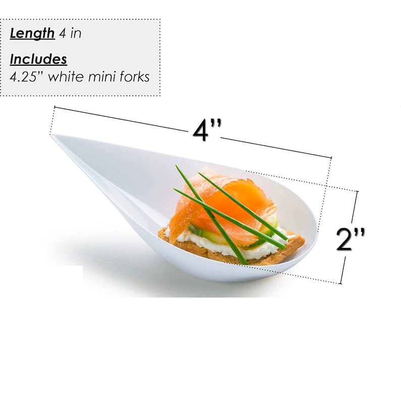 Size diagram of 4-inch tear-drop spoon with 4.25-inch mini fork for tastings.