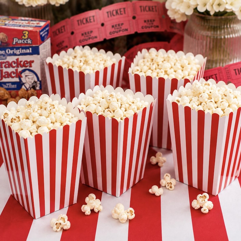 Vintage Striped Popcorn Cups – 12 - Piece Disposable Snack Boxes for Parties, Events & Movie Nights - Pretty Party Boxx