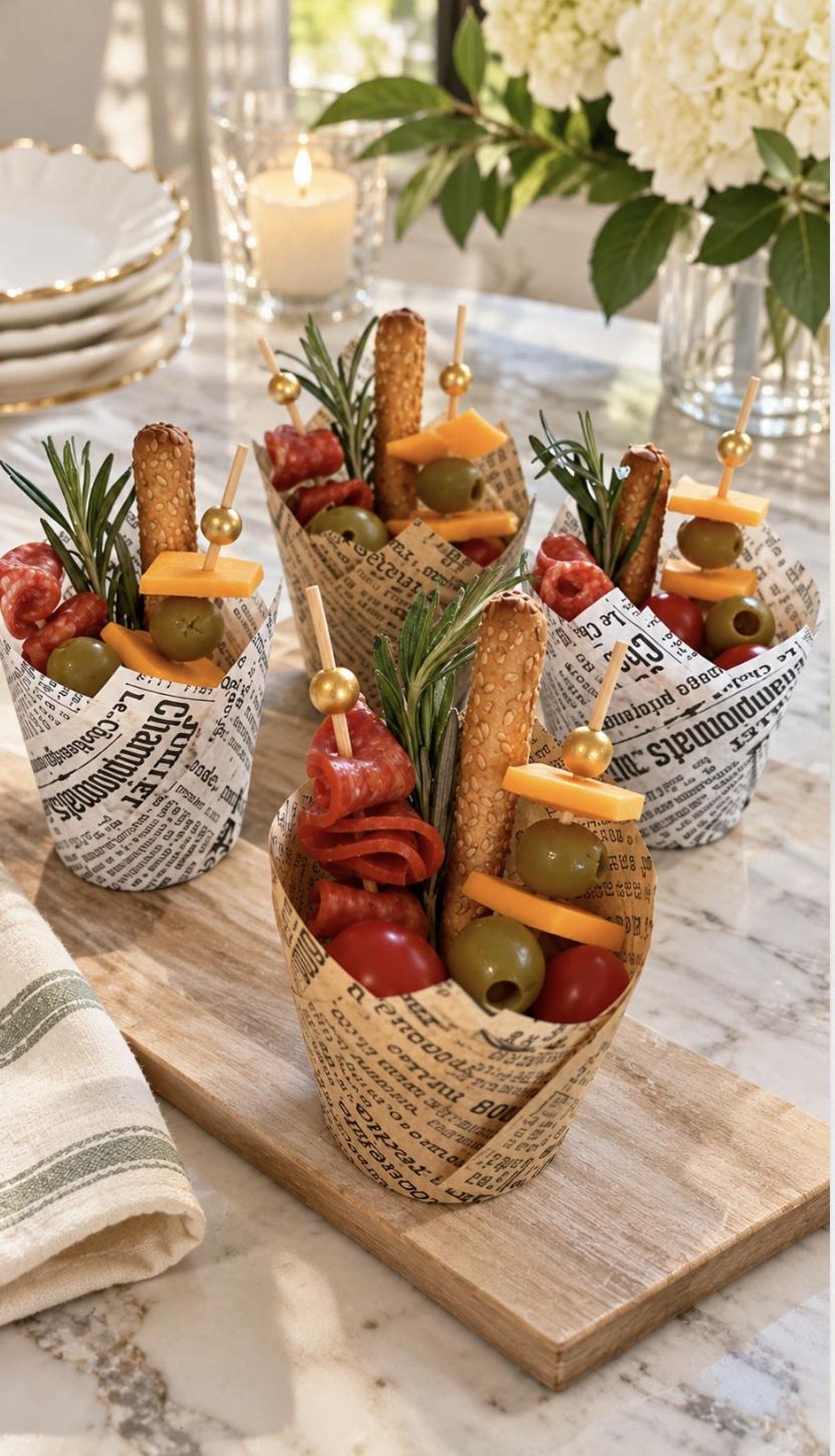 Newspaper Charcuterie Cups with Fancy Toothpicks - Vintage Party Supplies Set of 20 - Pretty Party Boxx