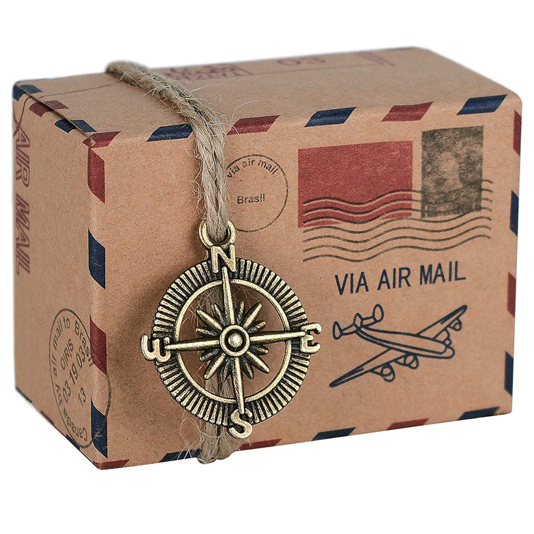 Mini suitcase party favor box with compass charm and twine decoration.