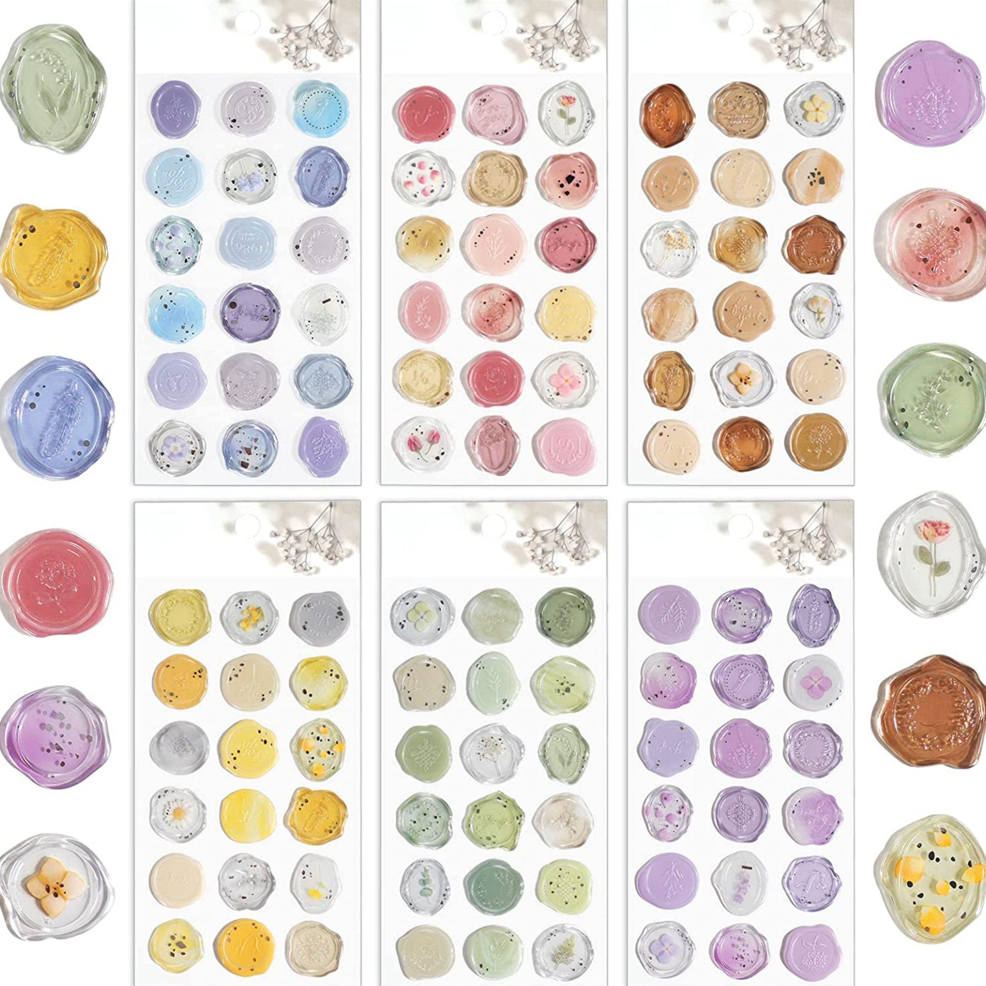 Color chart showing assorted solid and marbled 1-inch wax seal stickers in mixed pastel and neutral tones.