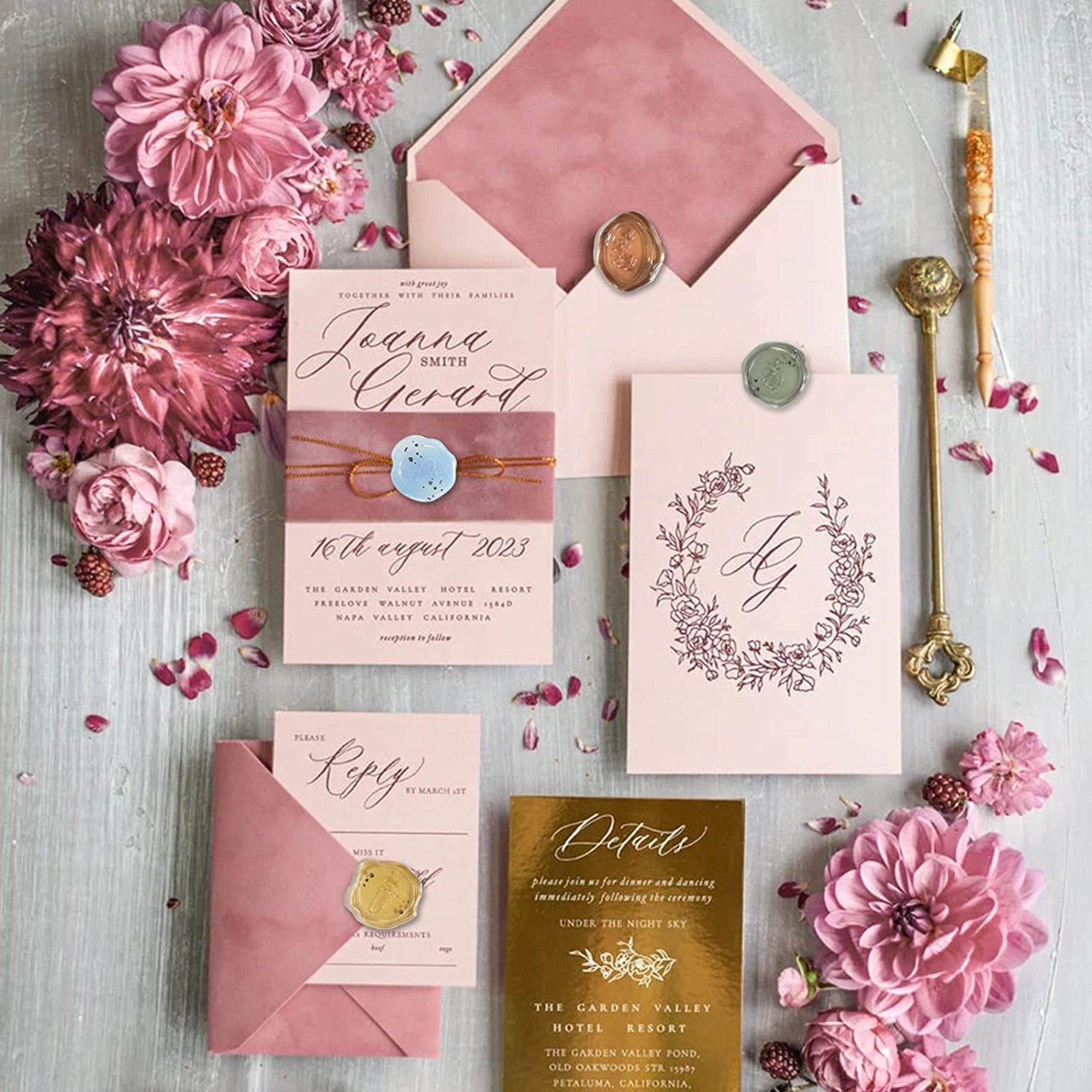 Pink wedding invitation suite with 1-inch mixed-color peel-and-stick wax seal stickers on envelopes and cards.