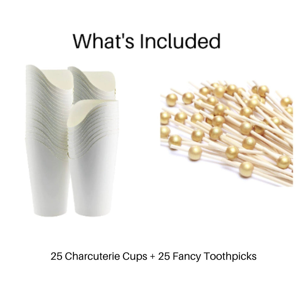 Charcuterie Cups with Gold Fancy Toothpicks - 25 Cup Set