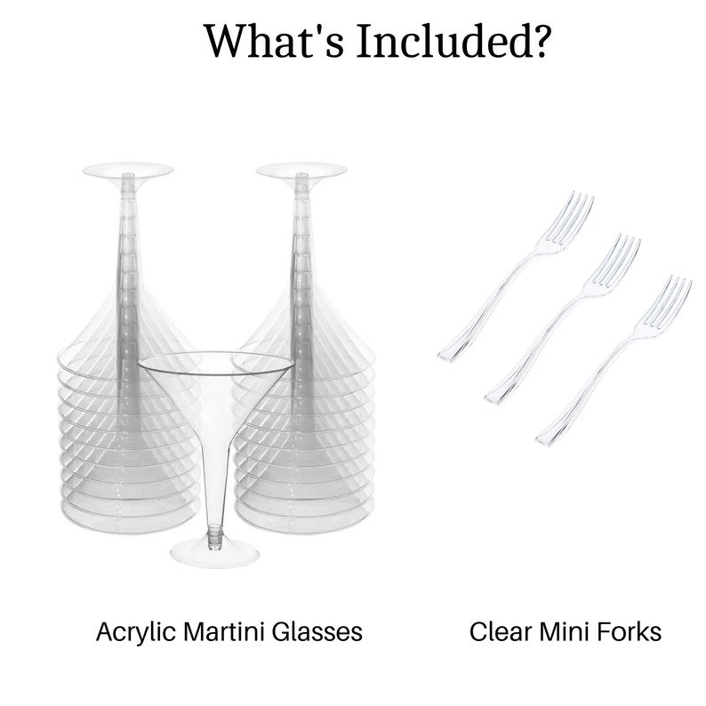 Set of acrylic appetizer cups with clear mini forks shown as part of packaging