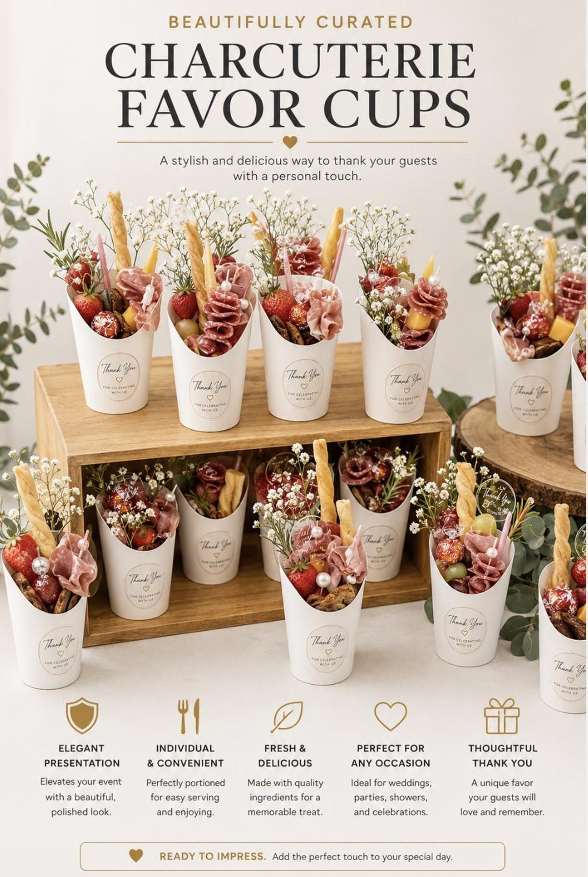 Charcuterie Favor Cups with Toothpicks Set – Elegant Snack Cups for Events, Parties & Weddings - Pretty Party Boxx