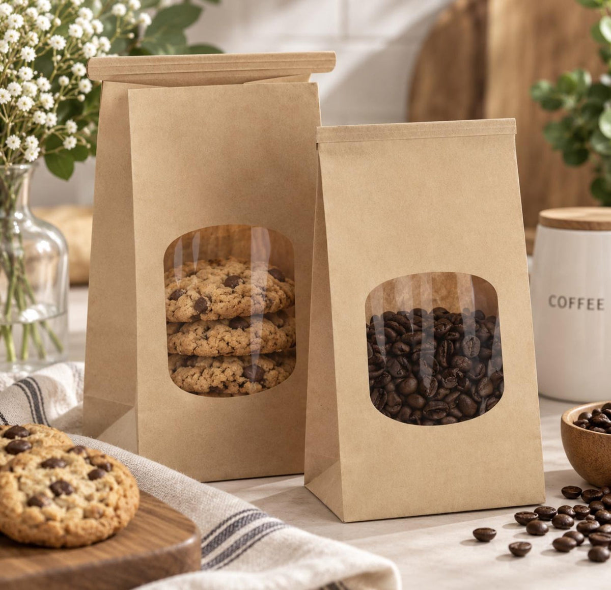 Kraft paper window treat bags for packaging cookies, baked goods, pastries, and sweet treats