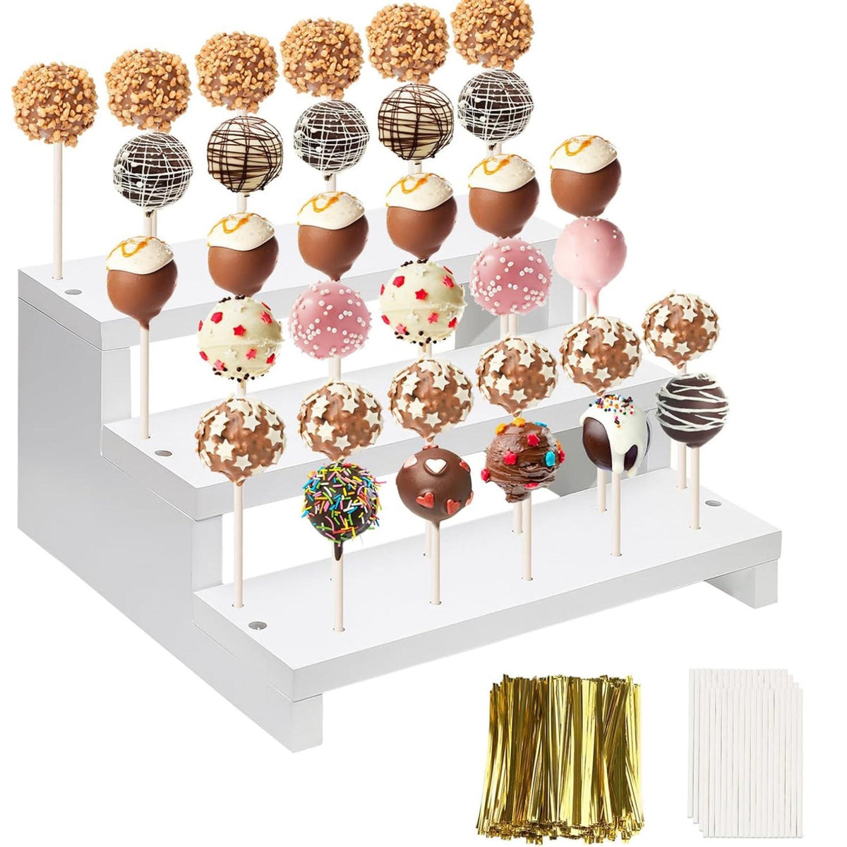 3 Tier Wooden Cake Pop Stand Holder – Display for Cake Pops, Lollipops, and Treats - Pretty Party Boxx