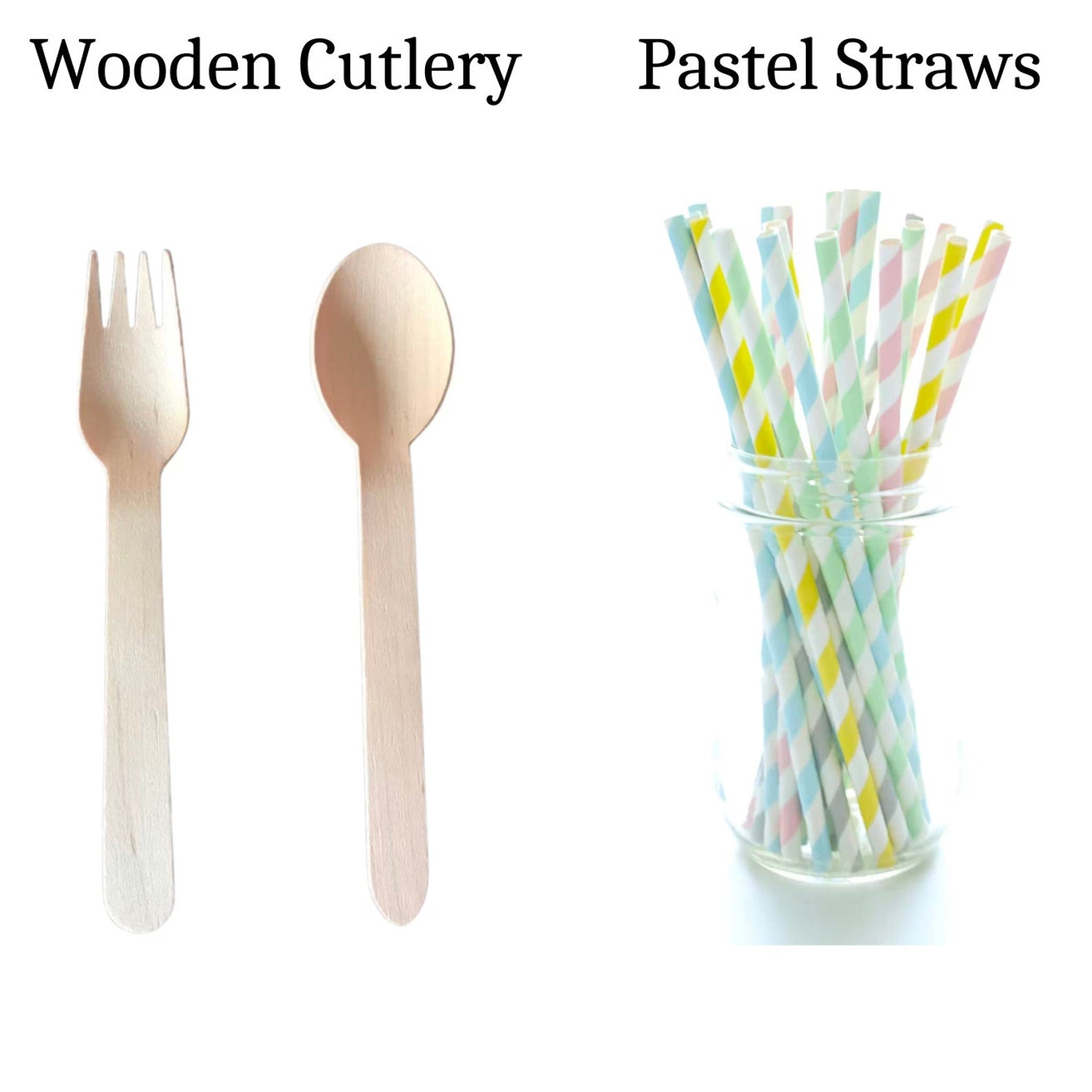 Wooden cutlery set with knife, fork, and spoon and pastel straws for party use