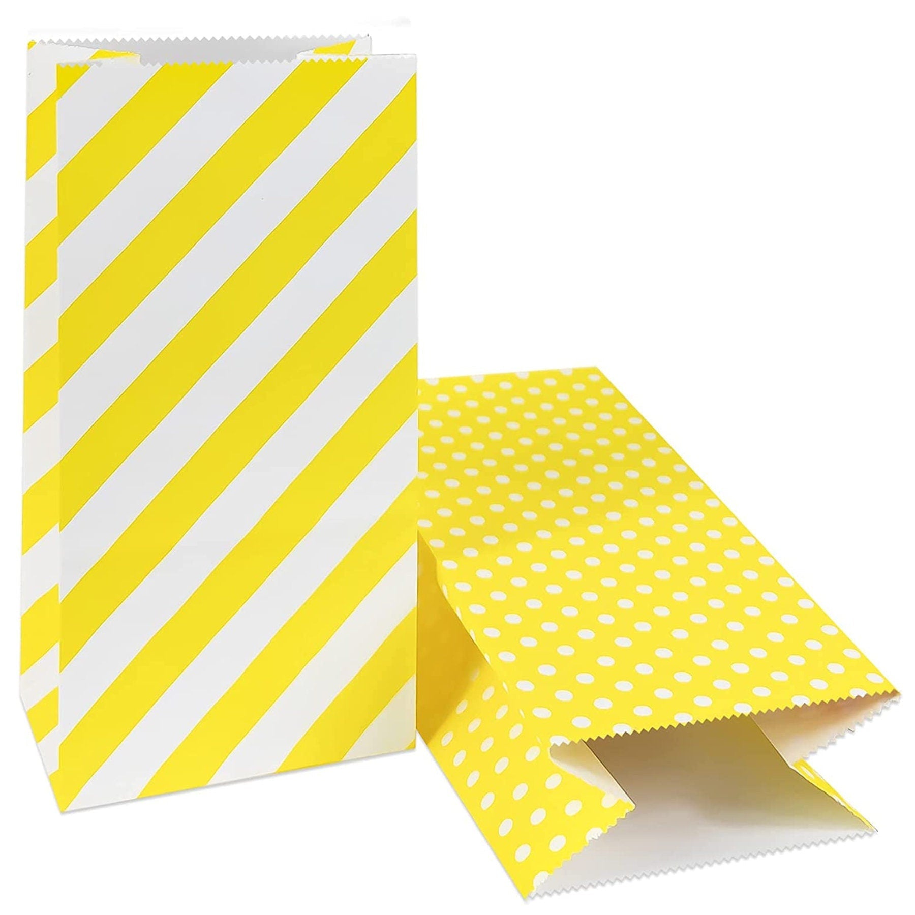 Yellow striped paper treat bag with yellow polka dot party favor bag